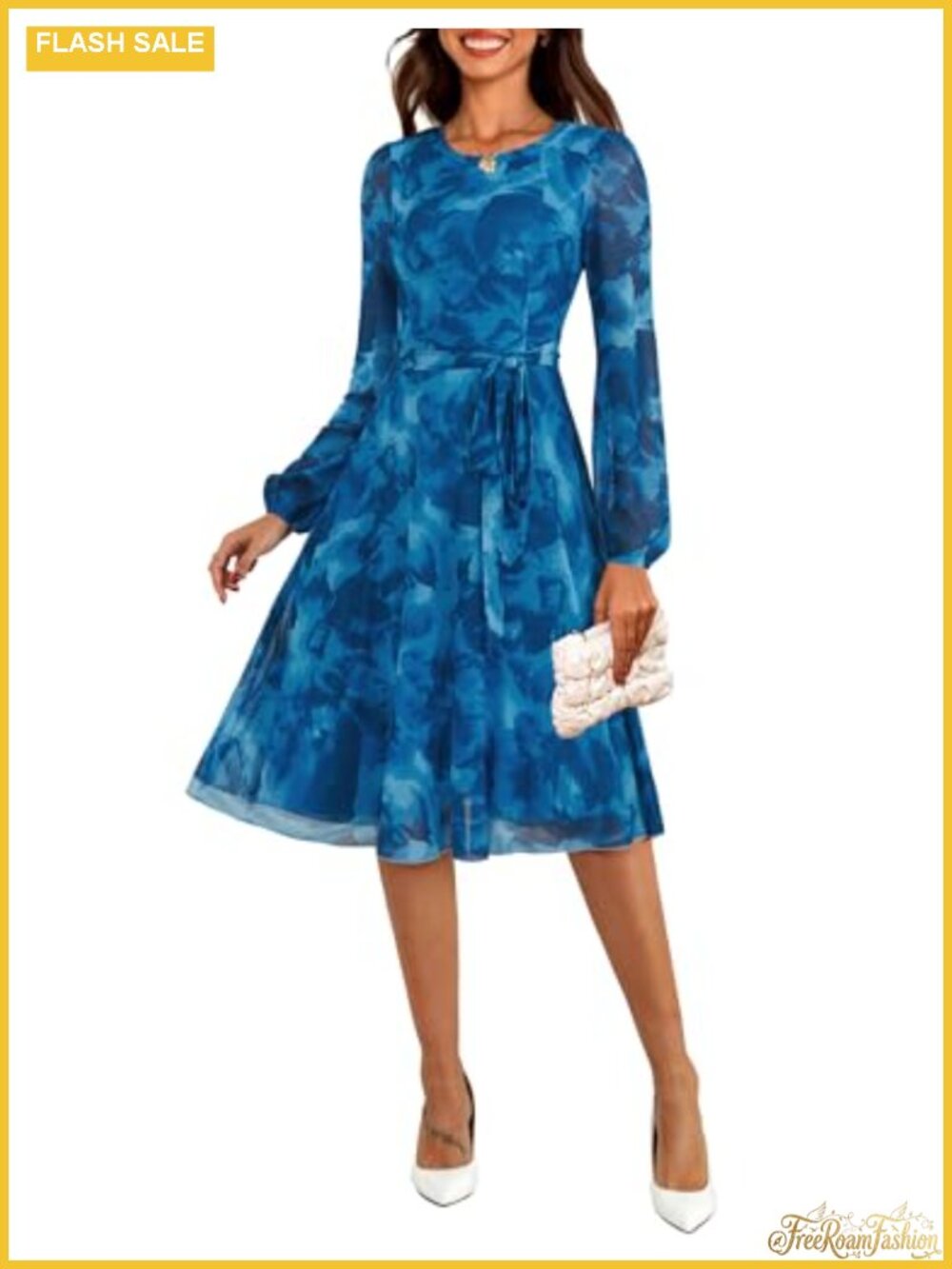 Women's Mesh Floral Midi Dress Long Sleeve A-Line Cocktail Party